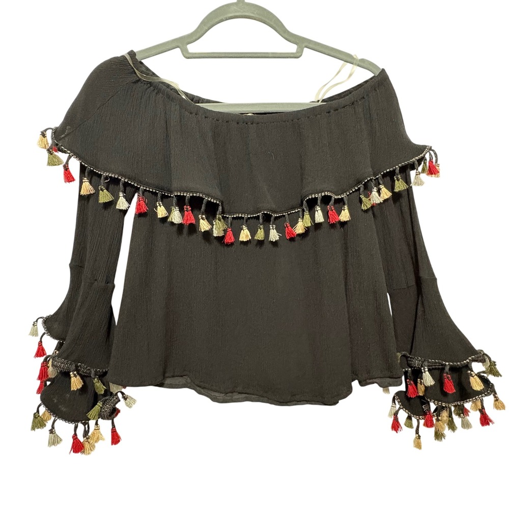 Altar'd State Women Boho Peasant Top S Black Tassel Trim Festival Off Shoulder